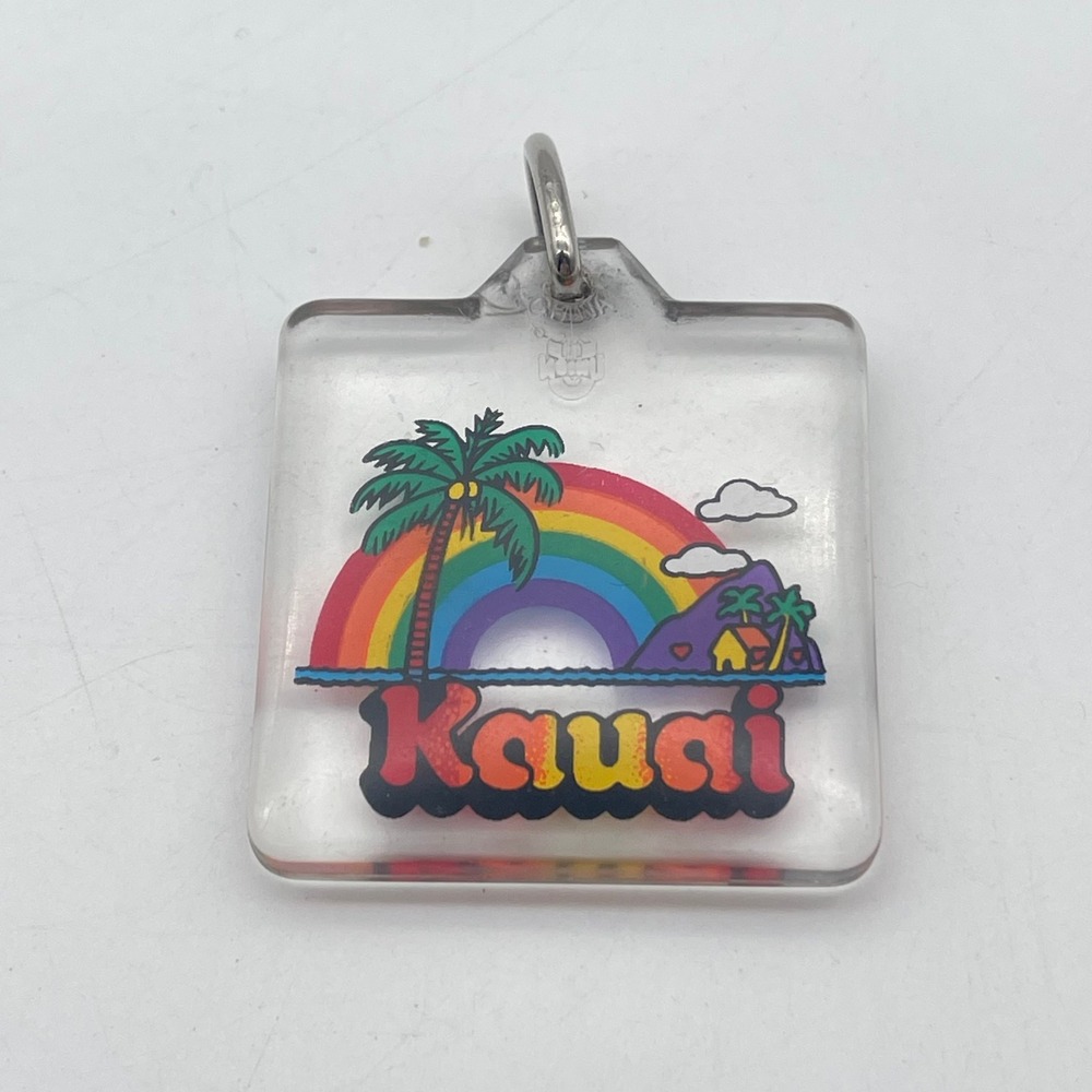 Vintage Kauai Hawaii Rainbow Palm Tree Clear Acrylic Keychain Charm Souvenir